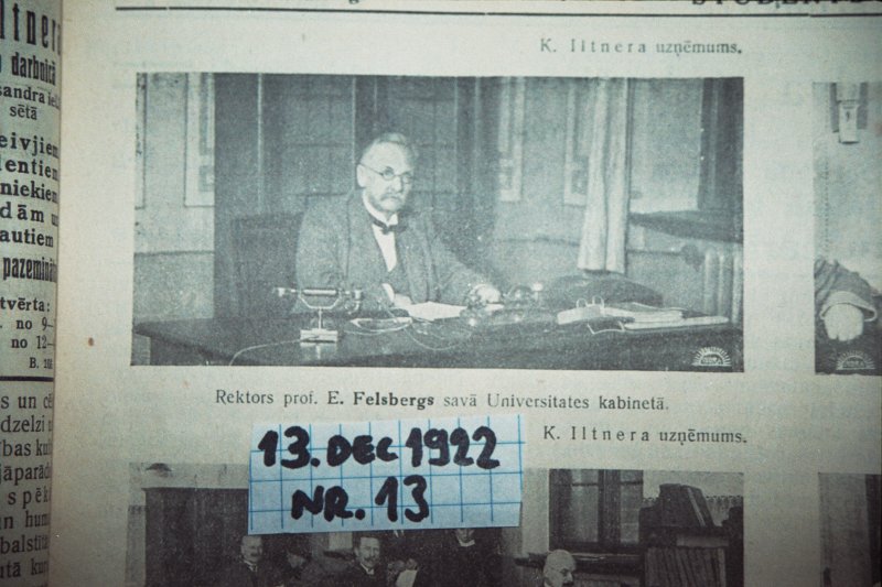Fragments no laikraksta 'Students' 1922. gada 13. decembra numura. Attēlā - rektors prof. E.Felsbergs savā Universitātes kabinetā.