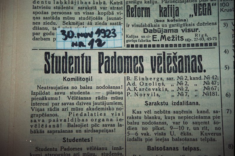Fragments no laikraksta 'Students' 1923. gada 30. novembra numura. Studentu padomes vēlēšanu reklāma.