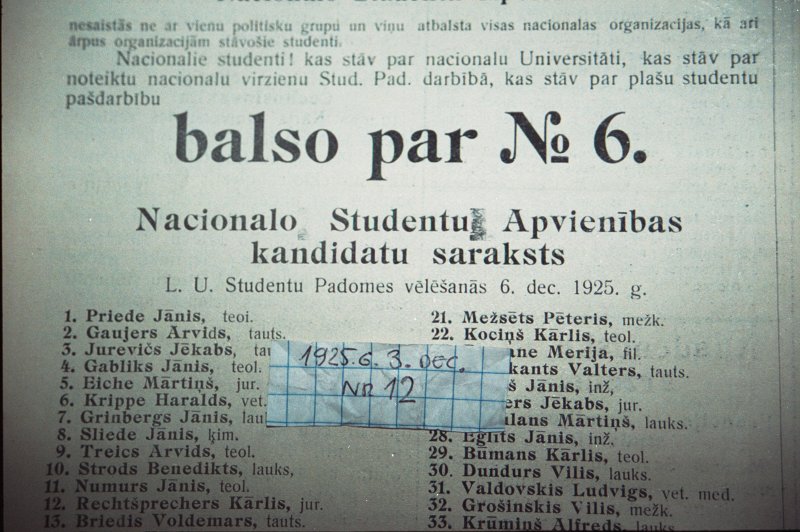Fragments no laikraksta 'Students' 1925. gada 3. decembra numura. Nacionālo Studentu Apvienības reklāma.