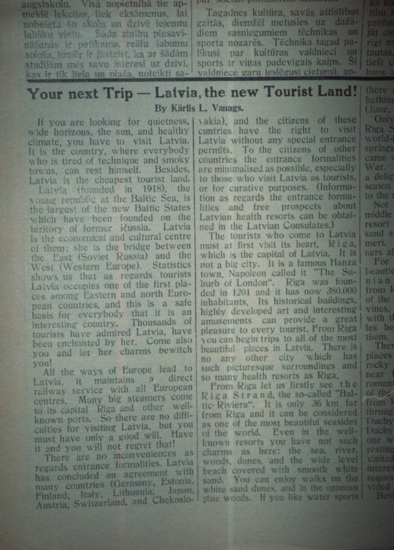 Fragments no laikraksta 'Students'. Raksta virsraksts: 'Your next Trip - Latvia, the new Tourist Land!'.