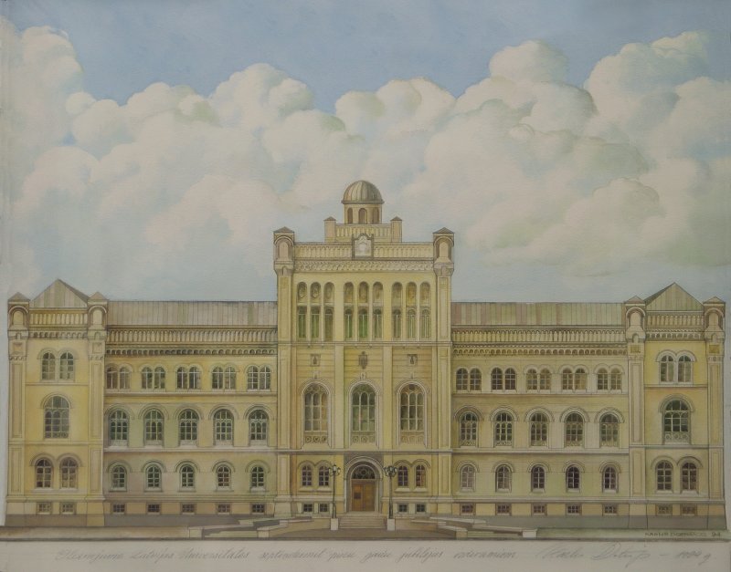 Latvijas Universitātes galvenā ēka. Gleznojums Latvijas Universitātes septiņdesmit piecu gadu jubilejas izdevumiem (1994). Autors - mākslinieks Kārlis Dobrājs.
