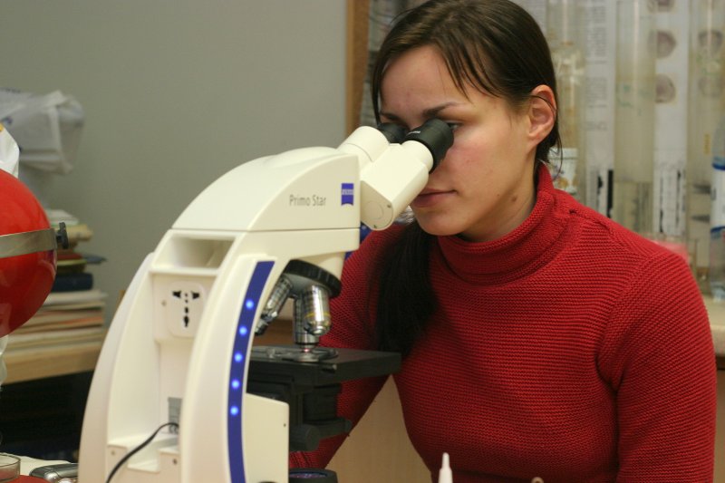 Putekšņu analīzes veikšana LU ĢZZF Kvartārvides laboratorijā ar bioloģisko gaismas mikroskopu. Ilze Gorovņeva, Ģeoloģijas maģistra studiju programmas 1.kursa studente.