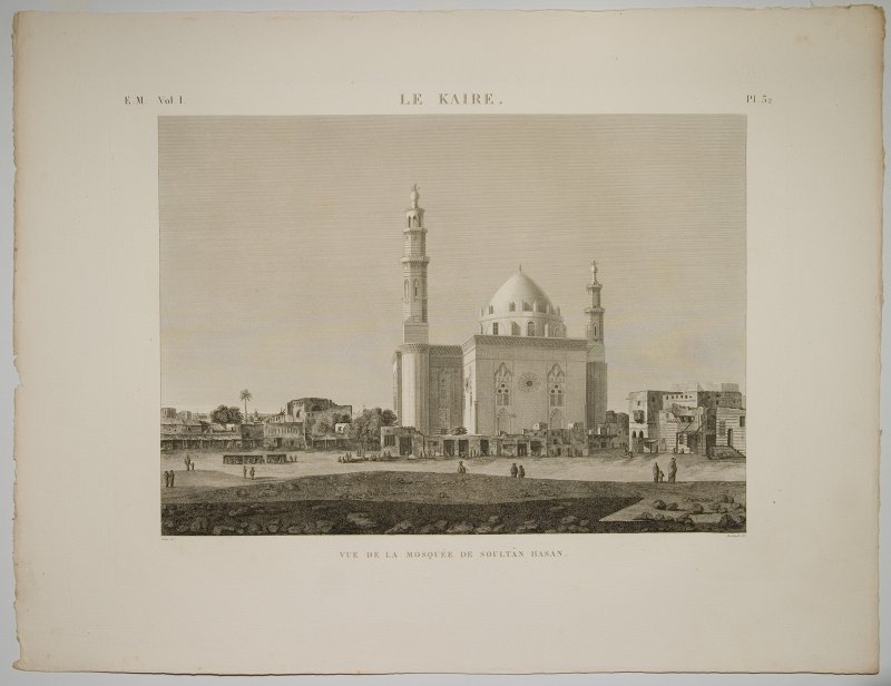 Oriģinālgravīras 'Description de l’Egypte' pēc restaurācijas. Le Kaire :  [gravīra] :  vue de la mosquée de Soultan Hasan.  Kaira. Skats uz sultāna Hazana mošeju.