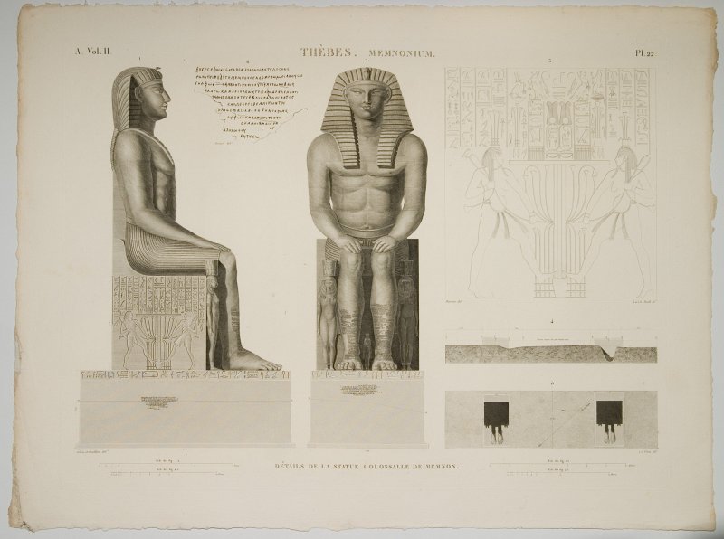 Oriģinālgravīras 'Description de l’Egypte' pēc restaurācijas. Thèbes : Memnonium : détails de la statue colossalle de Memnon.  Tēbas : Momnena : Lielā Momnena statujas detaļas.