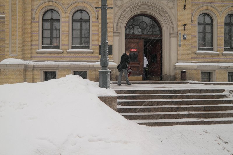 Latvijas Universitātes galvenā ēka sniegputenī. Ieeja, centrālās kāpnes. null