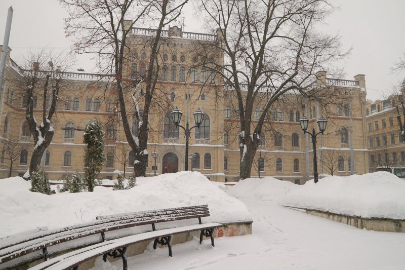 Latvijas Universitātes galvenā ēka sniegputenī. null