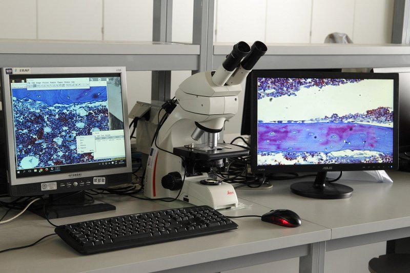 Laboratorija Latvijas Universitātes Dabaszinātņu akadēmiskajā centrā. Gaismas mikroskops Leica ar videokameru un attēlu analīzes programmatūru.