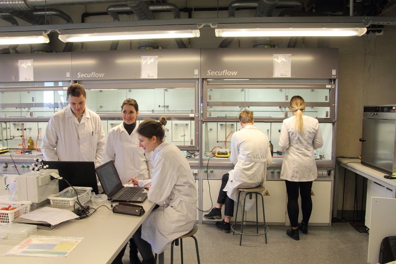 Studenti Latvijas Universitātes Kīmijas fakultātes laboratorijā. null
